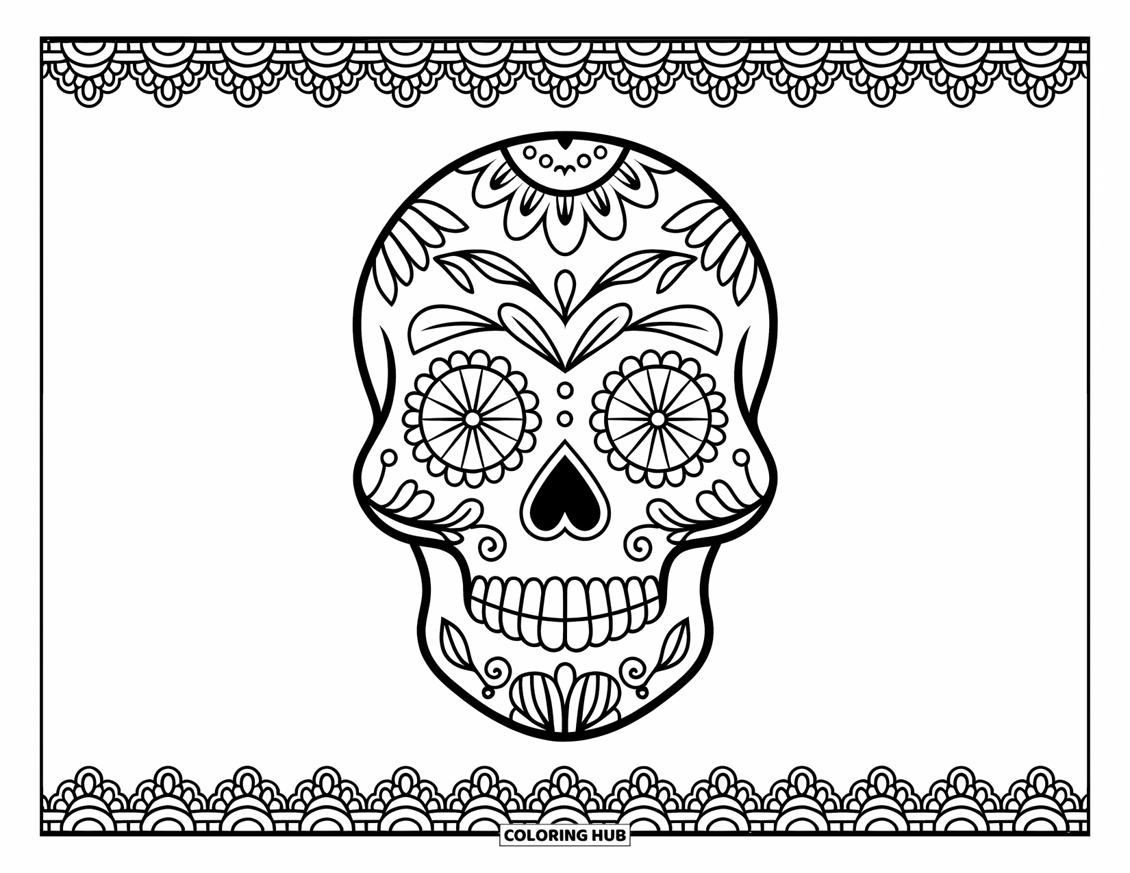Female Sugar Skull Coloring Page for Adults: Ornate sugar skull with flower patterns and lace framing