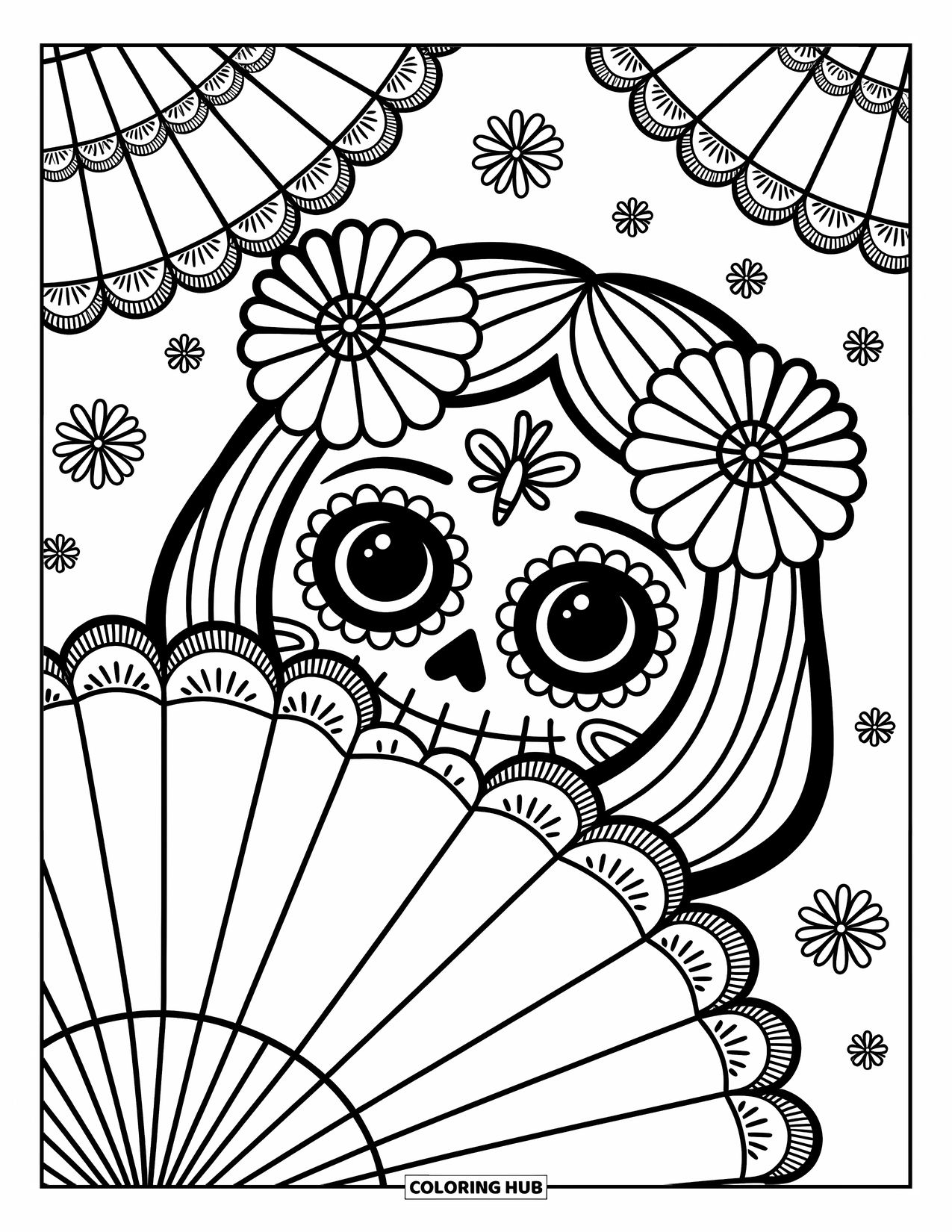 Female Sugar Skull Coloring Page for Adults: Peekaboo skull girl with a fan, marigolds, and tiny butterfly