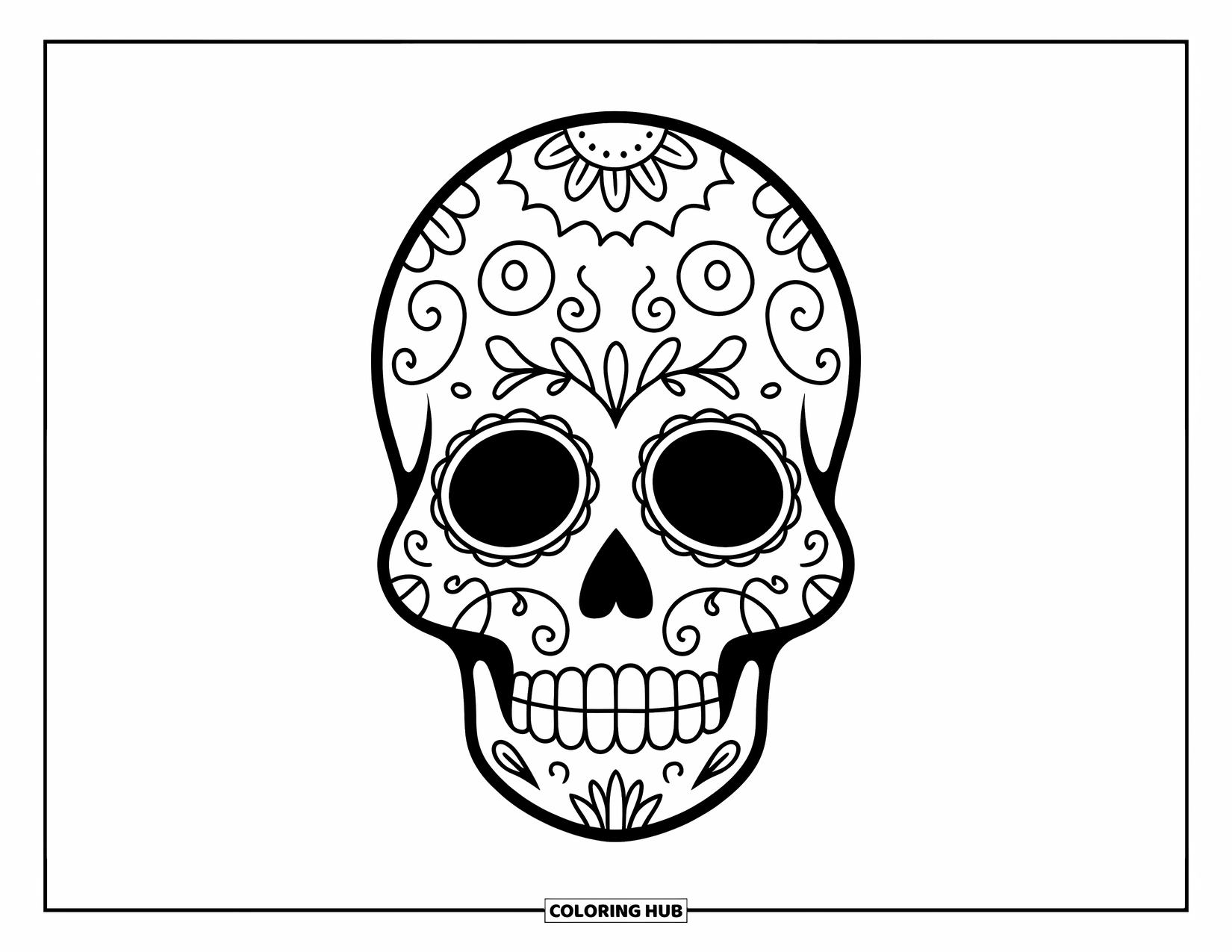 Female Sugar Skull Coloring Page for Adults: Serene sugar skull with swirling vines and calm expression