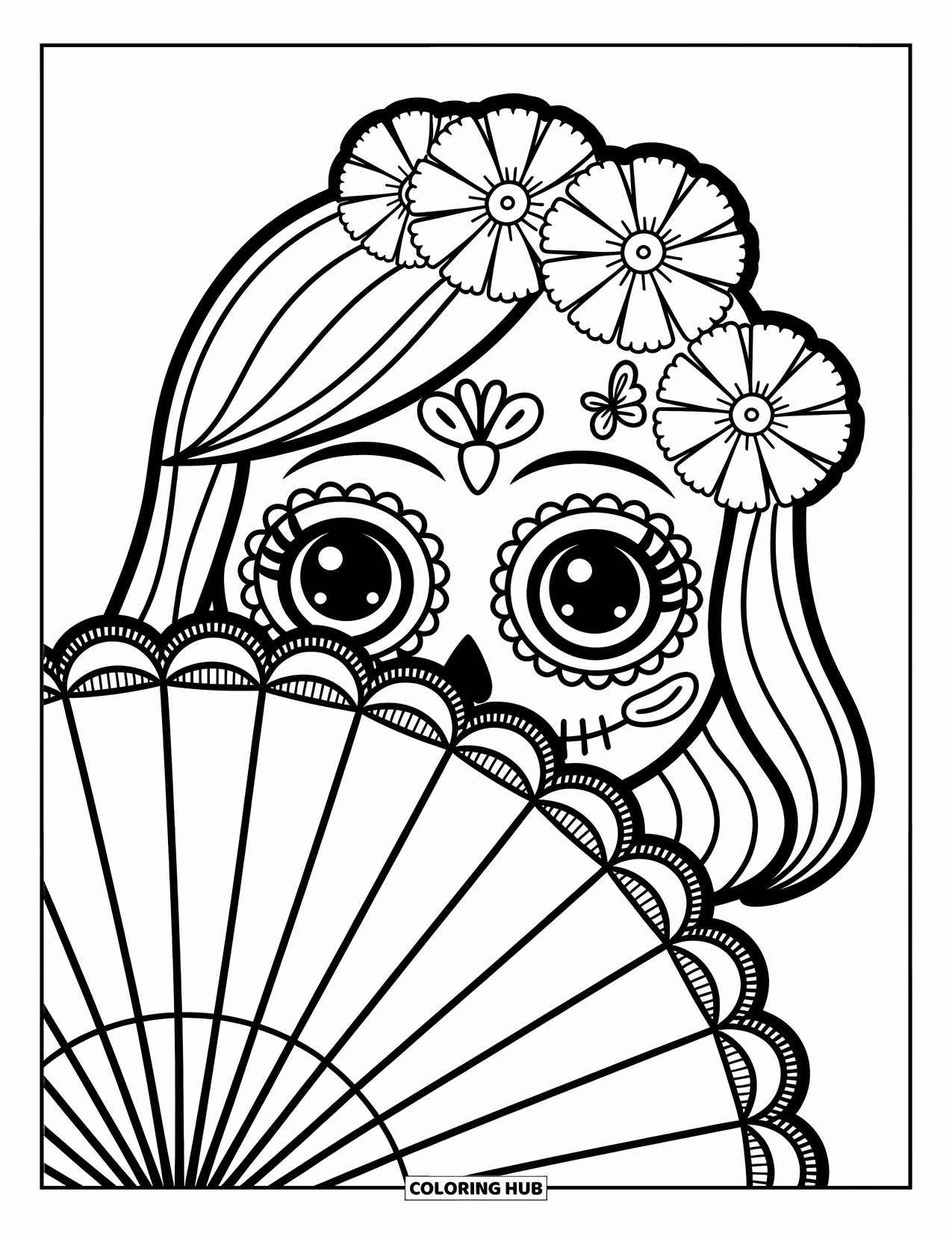 Female Sugar Skull Coloring Page for Adults: Skull girl peeking behind a lace fan with marigolds and a butterfly clip
