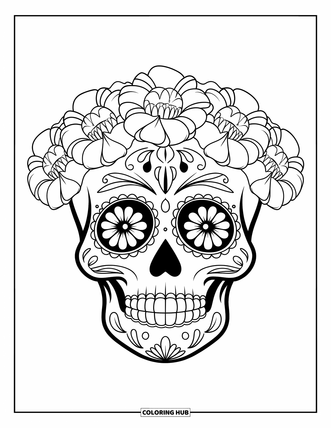 Female Sugar Skull Coloring Page for Adults: Skull with marigold crown and pretty cheek details