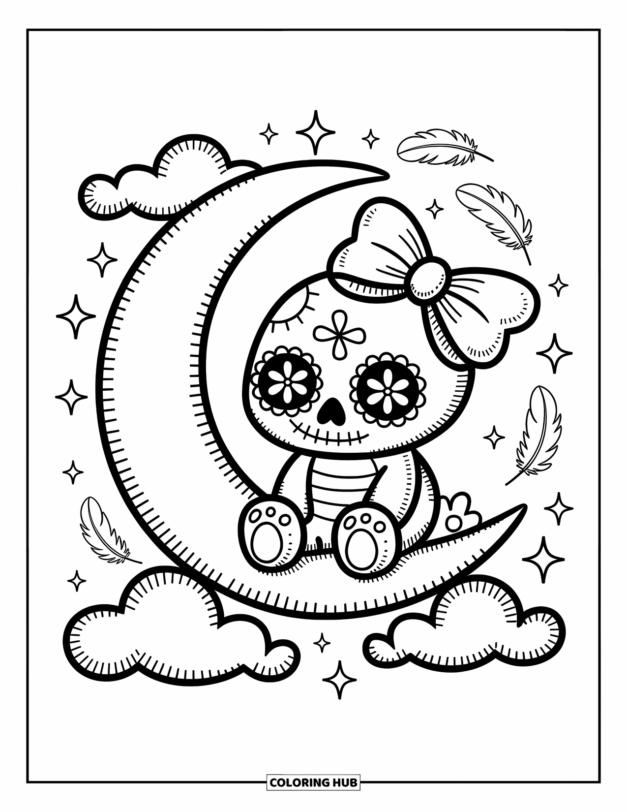 Female Sugar Skull Coloring Page for Adults: Skull with petal eyes and bow, resting on a dreamy crescent moon
