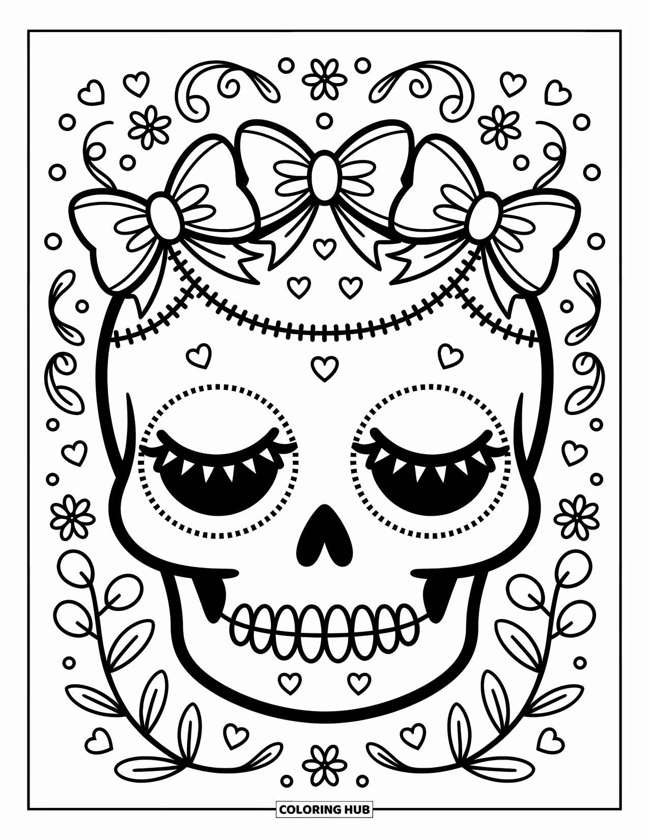 Female Sugar Skull Coloring Page for Adults: Skull with stitched cheeks, spiral bows, and hearts around its smile