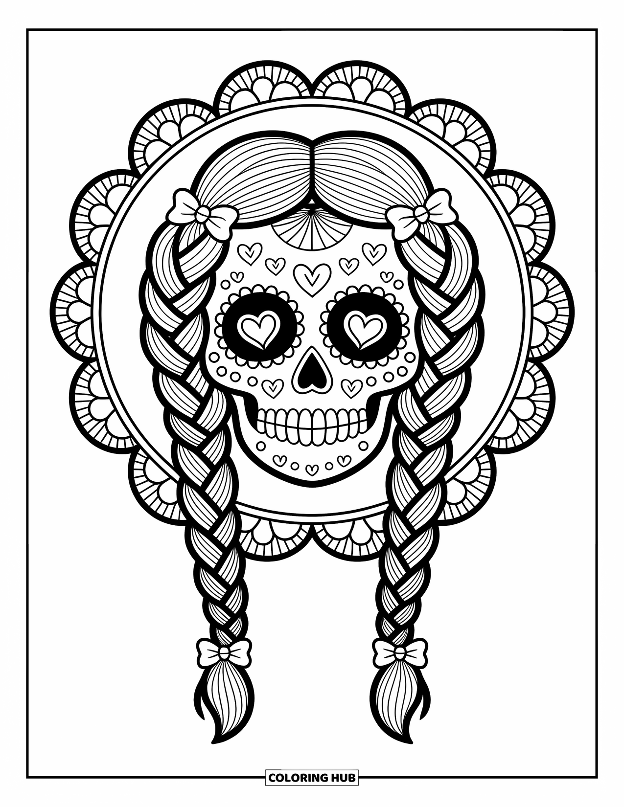 Female Sugar Skull Coloring Page for Adults: Skull with wavy braids, tiny bows, and cozy lace backdrop