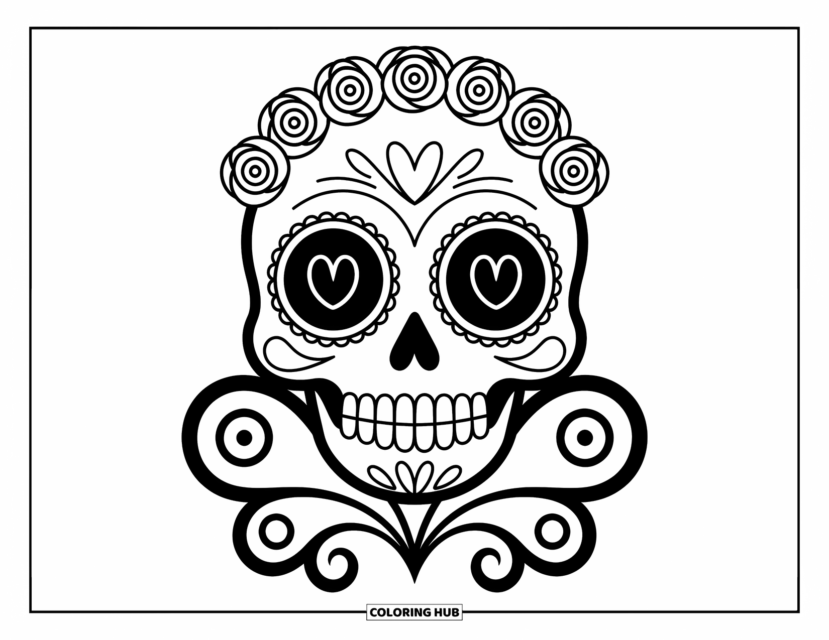Female Sugar Skull Coloring Page for Adults: Smiling sugar skull with rose crown, tulip nose, and butterfly swirls