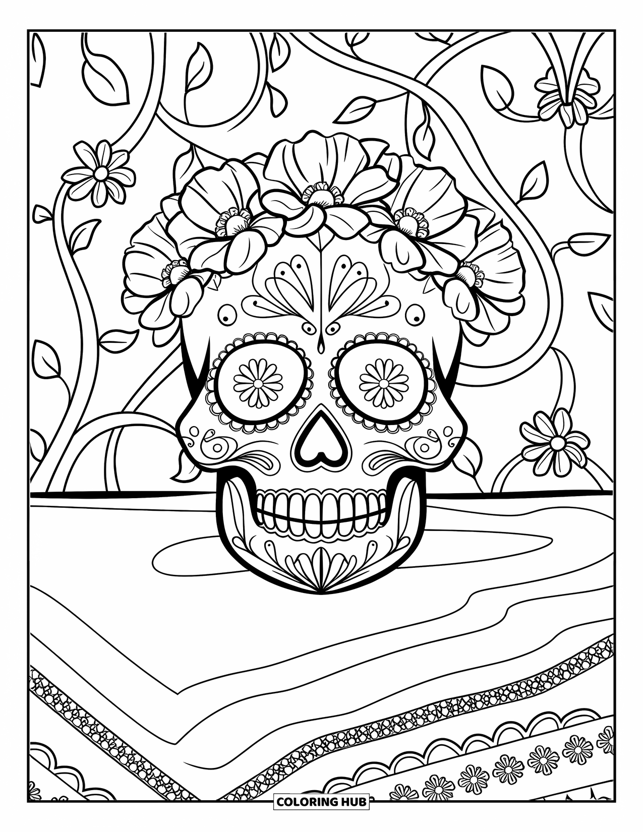 Female Sugar Skull Coloring Page for Adults: Sugar skull resting on a cloth, with vines and flowers nearby