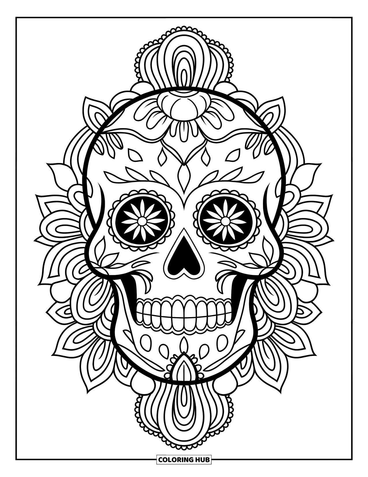 Female Sugar Skull Coloring Page for Adults: Sugar skull surrounded by mandala flowers and fine linework