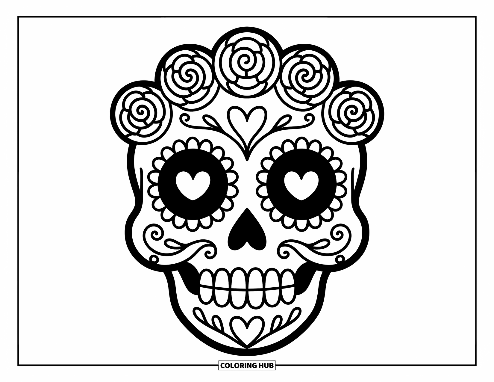 Female Sugar Skull Coloring Page for Adults: Sugar skull with rose tiara, swirly chin, and heart-dotted big eyes
