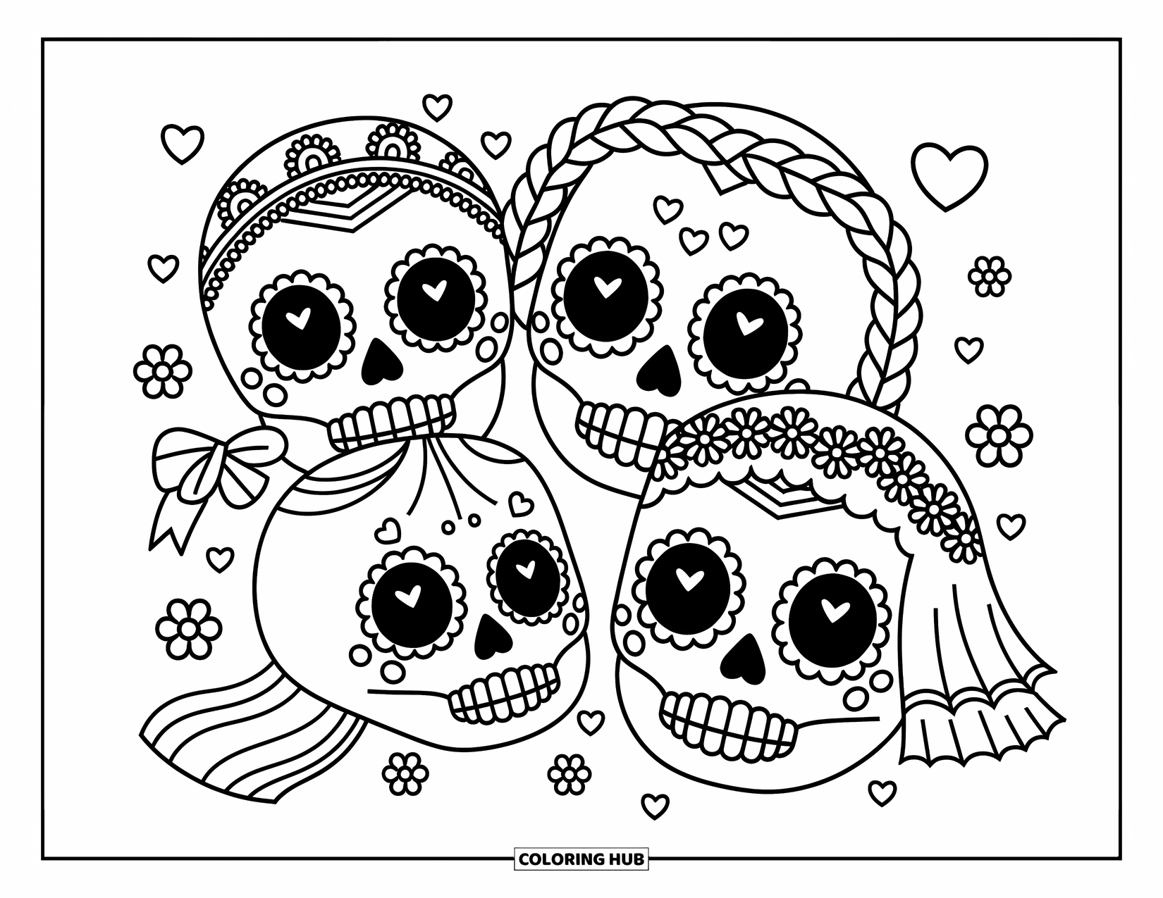 Female Sugar Skull Coloring Page for Adults: Sugar skulls with bows, flowers, and hearts scattered all around