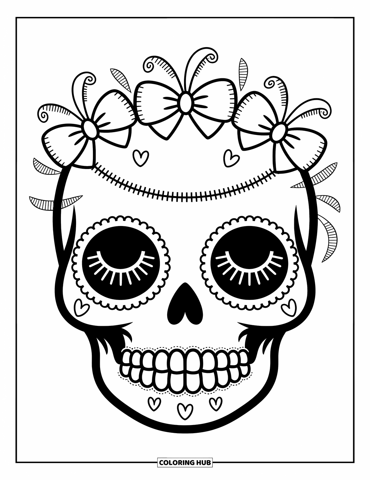 Female Sugar Skull Coloring Page for Adults: Sweet skull with stitched smile, bows, and cozy flower-filled background
