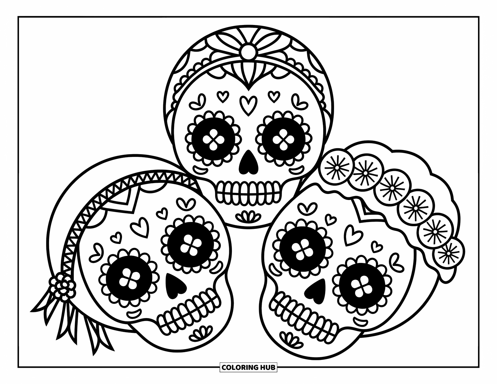 Female Sugar Skull Coloring Page for Adults: Three cute sugar skulls with unique accessories like bows, flowers, and frilly collars