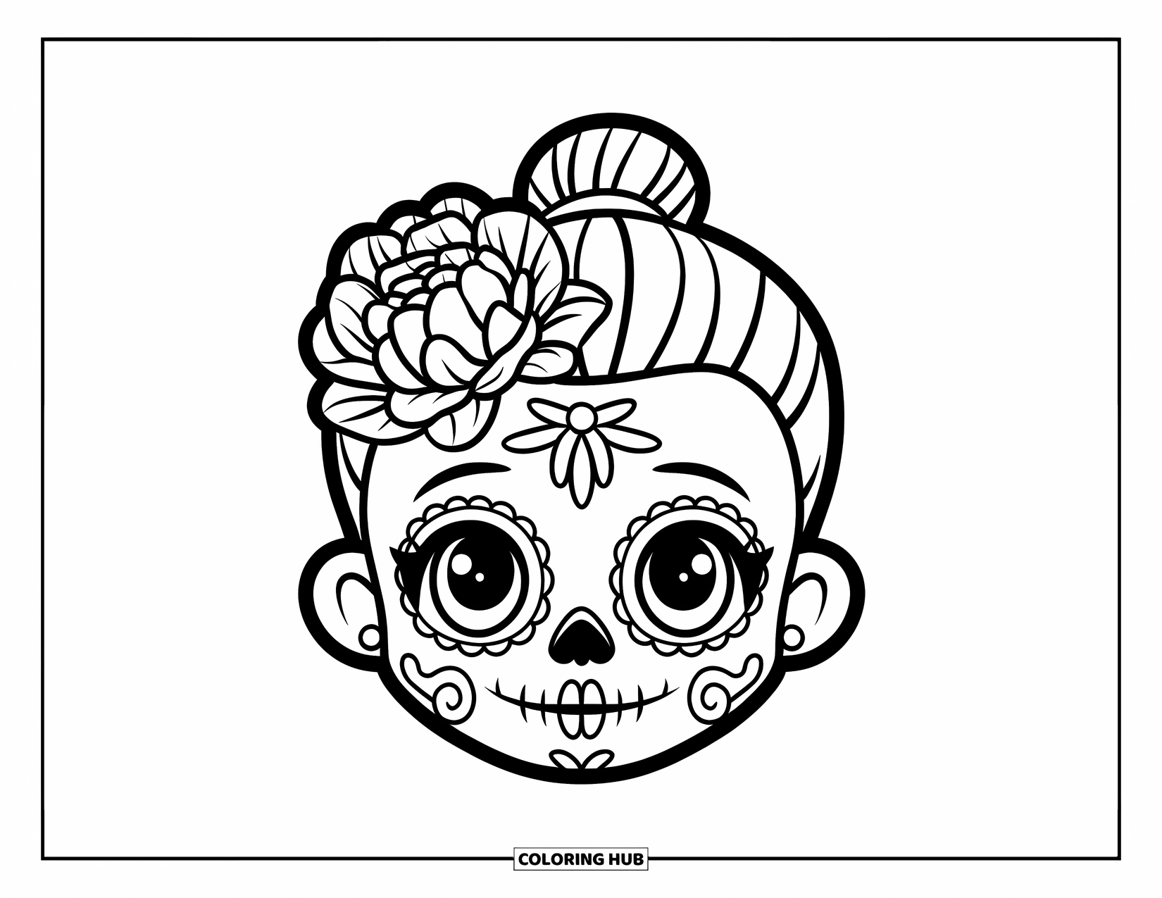 Female Sugar Skull Coloring Page for Kids: Baby sugar skull with a bun and a big flower on her forehead
