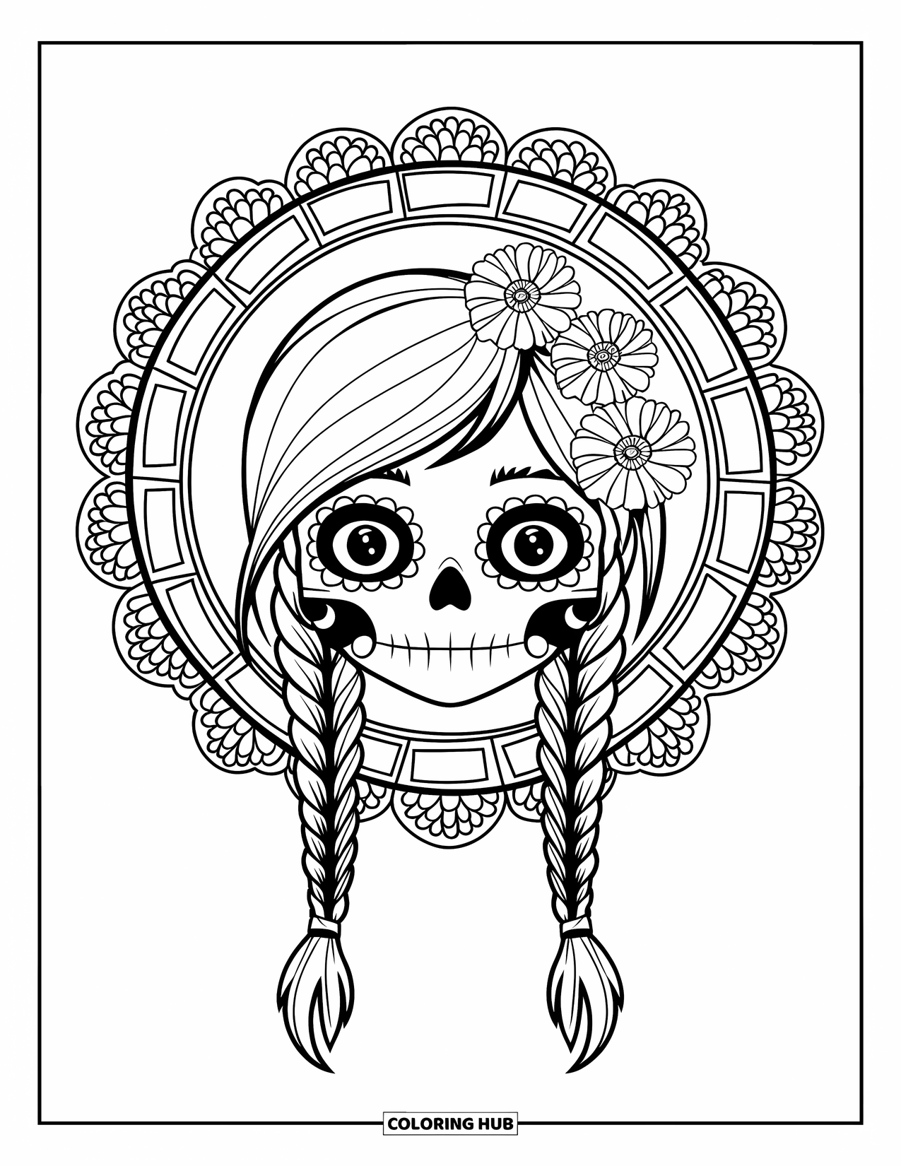 Female Sugar Skull Coloring Page for Kids: Braided skull girl with lace headpiece and five cute marigold flowers