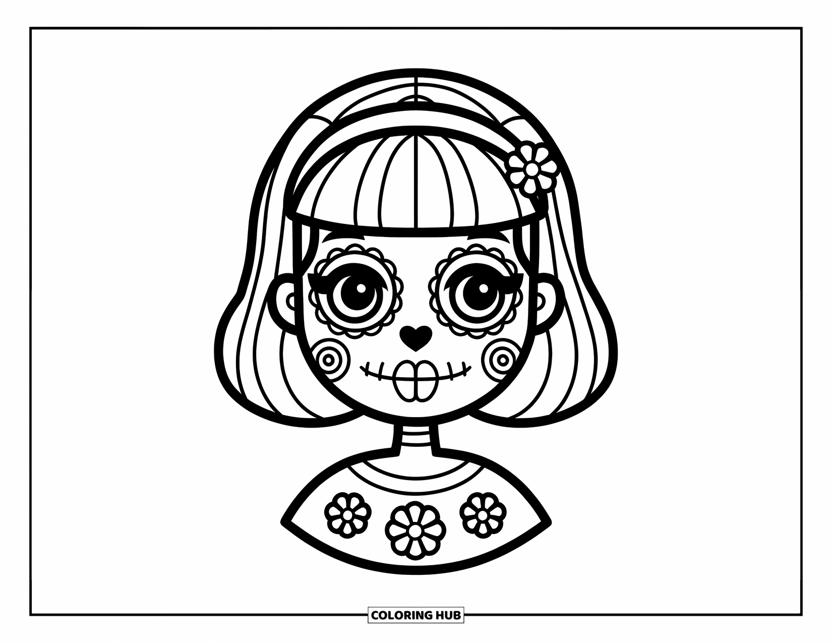 Female Sugar Skull Coloring Page for Kids: Cheerful sugar skull girl with pink headband and flower details