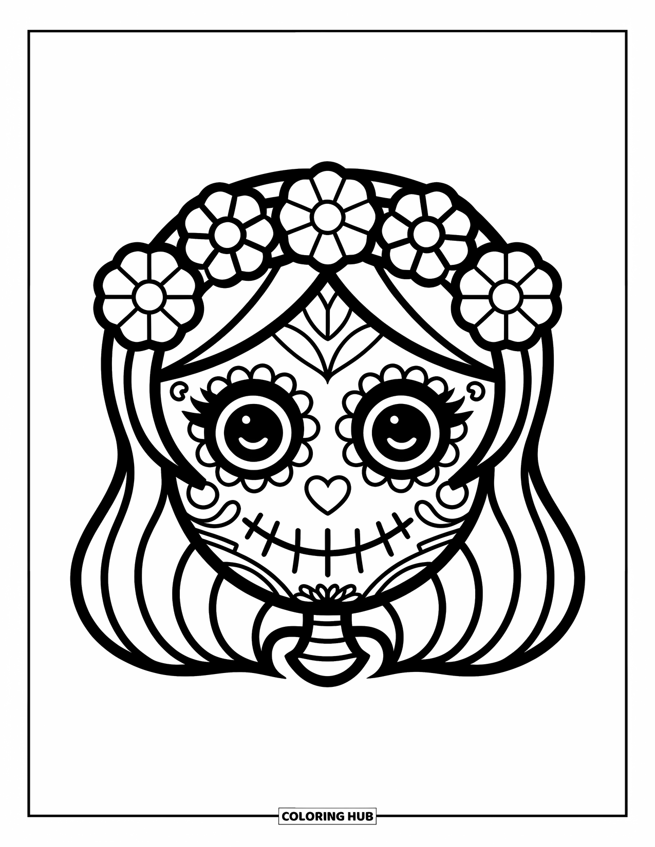 Female Sugar Skull Coloring Page for Kids: Cheerful sugar skull with big eyes, heart nose, and flower crown