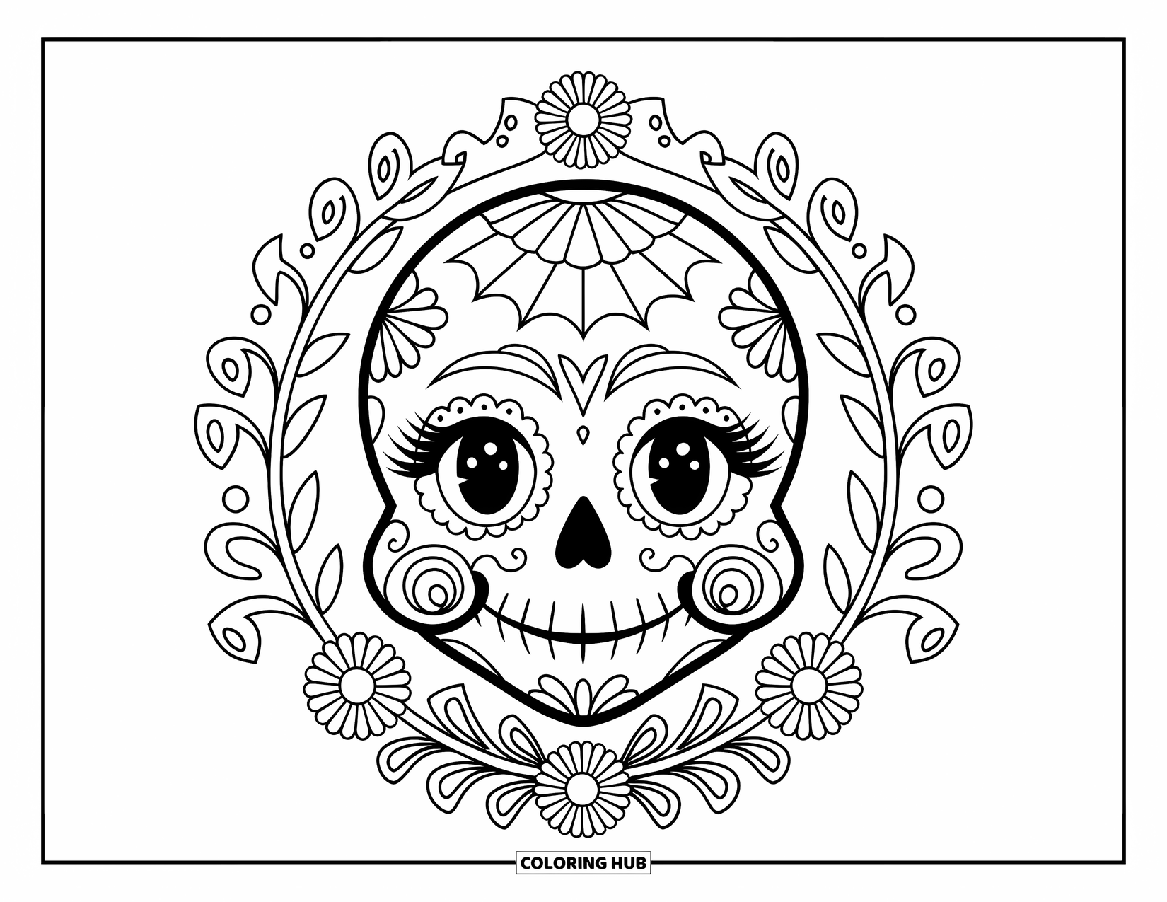 Female Sugar Skull Coloring Page for Kids: Flower-framed sugar skull with soft smile and long lashes