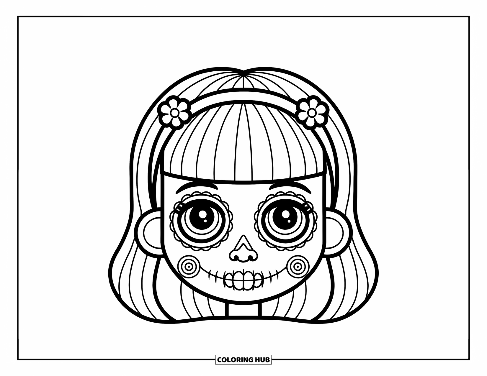 Female Sugar Skull Coloring Page for Kids: Happy sugar skull girl with bangs, big eyes, and flower hairpins