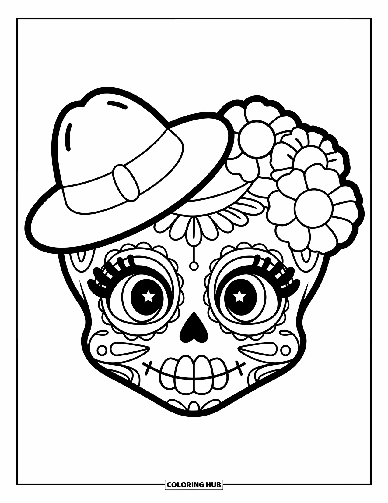 Female Sugar Skull Coloring Page for Kids: Happy sugar skull with bold lashes, tiny hat, and marigolds