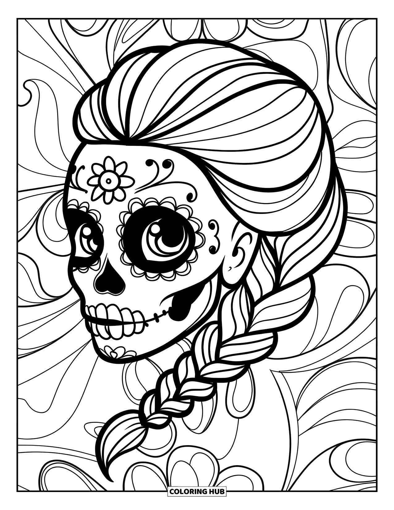 Female Sugar Skull Coloring Page for Kids: Side-profile sugar skull with forehead flower and swirly pattern background
