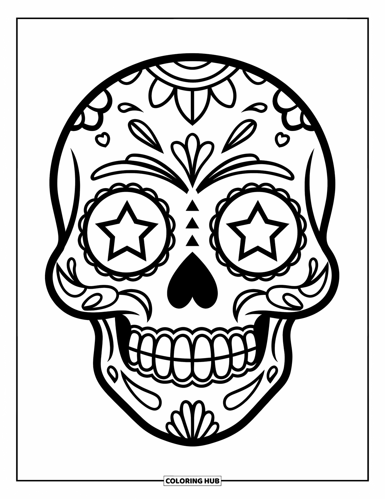 Female Sugar Skull Coloring Page for Kids: Smiling sugar skull face with stars in her eyes and forehead patterns