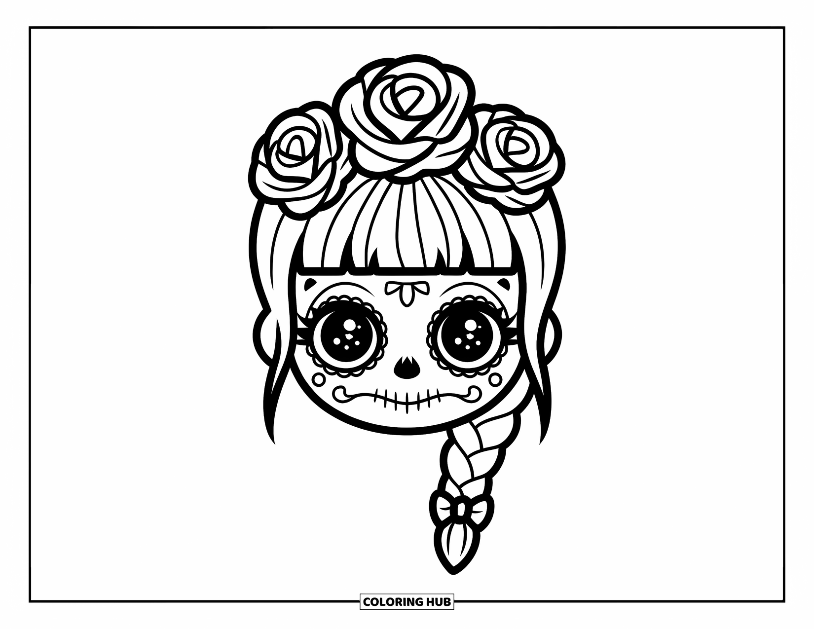 Female Sugar Skull Coloring Page for Kids: Smiling sugar skull girl with braid, roses, and a pink bow