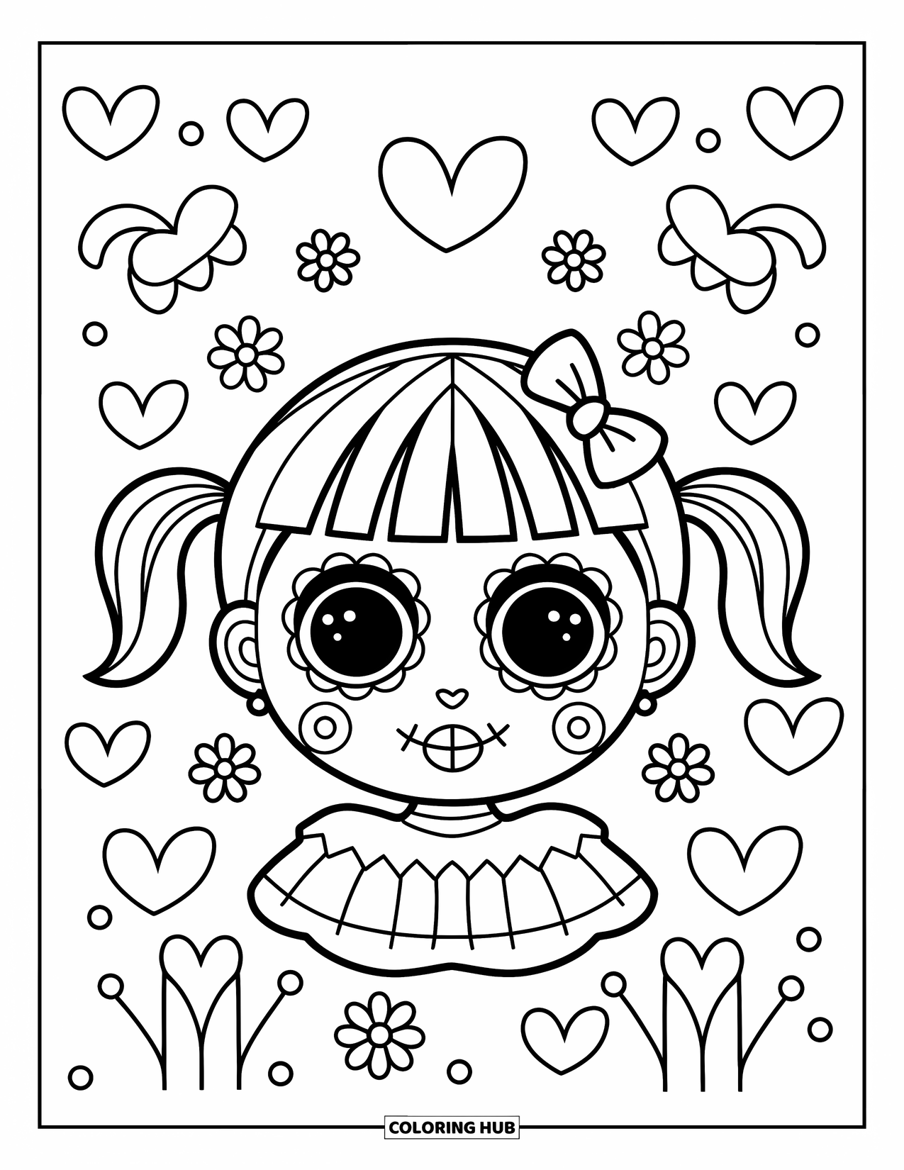 Female Sugar Skull Coloring Page for Kids: Smiling sugar skull girl with pigtails and cheerful decorations
