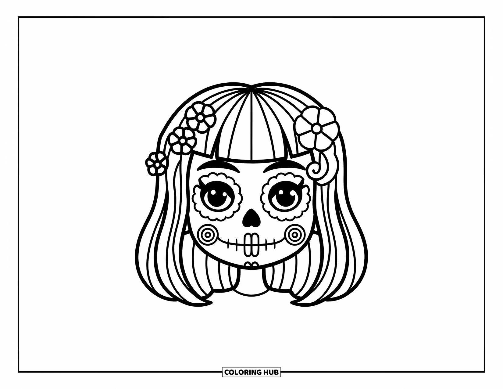 Female Sugar Skull Coloring Page for Kids: Sugar skull girl with bangs, spiral cheeks, and three flower pins
