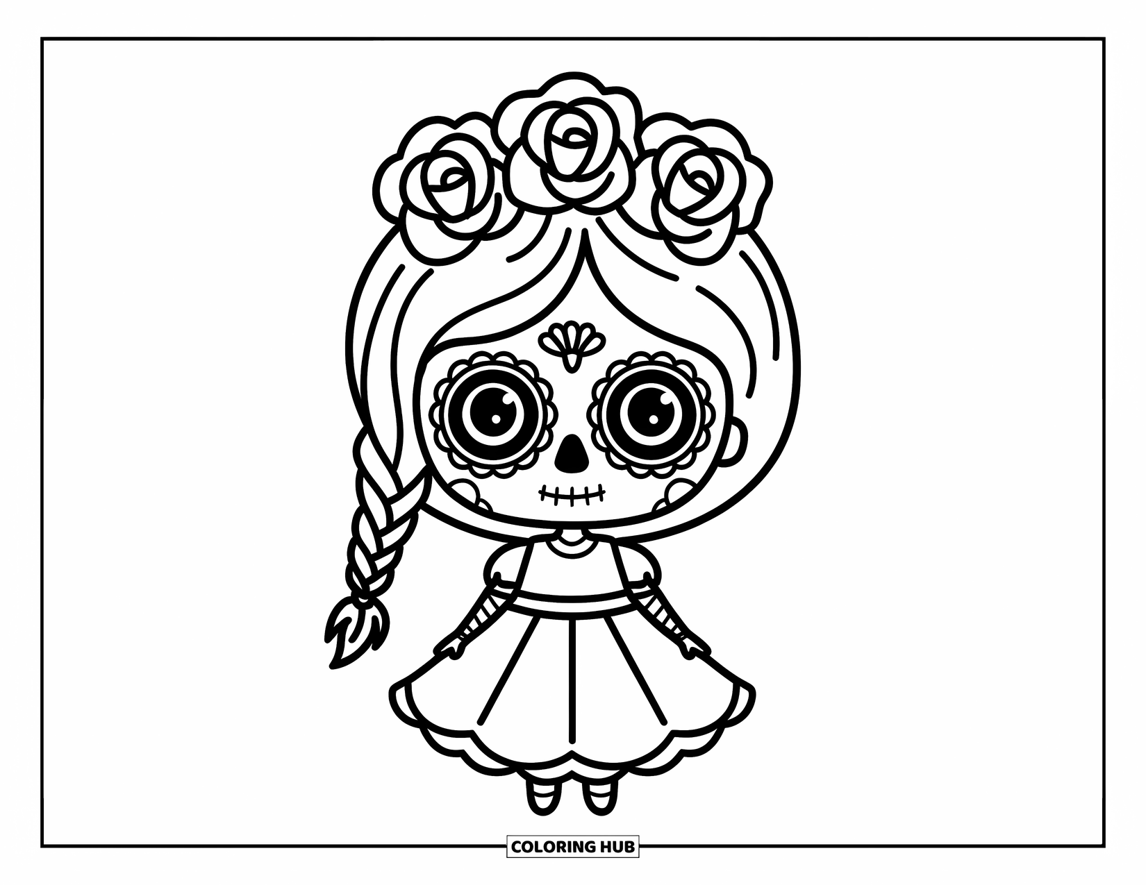 Female Sugar Skull Coloring Page for Kids: Sugar skull girl with braid and rose crown wearing a dress