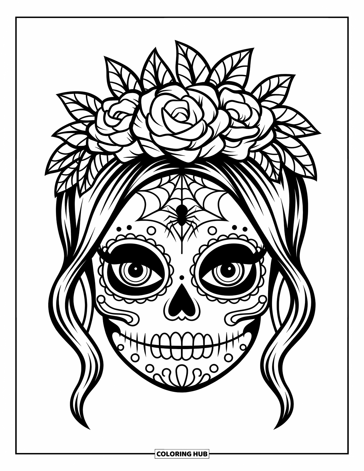 Female Sugar Skull Coloring Page for Kids: Sugar skull girl with cobweb design, floral band, and long flowing hair