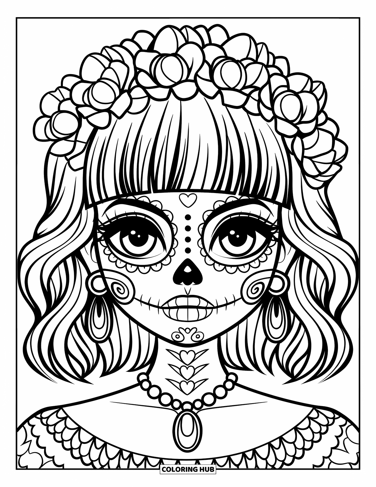 Female Sugar Skull Coloring Page for Kids: Sugar skull girl with expressive eyes, cheek designs, and a floral headband
