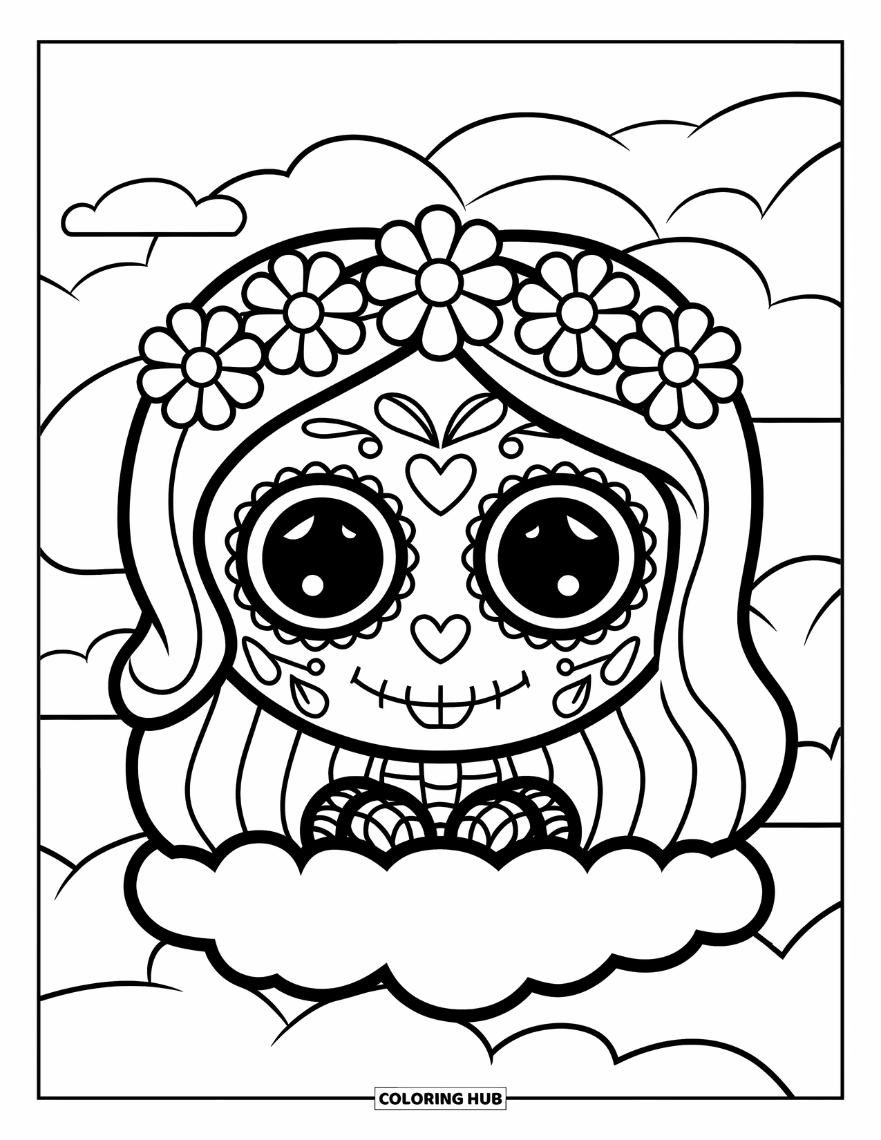 Female Sugar Skull Coloring Page for Kids: Sugar skull girl with flower crown sitting on a cloud