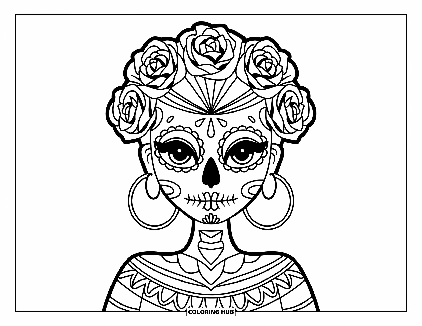 Female Sugar Skull Coloring Page for Kids: Sugar skull girl with hoop earrings, forehead jewel, and three pretty roses