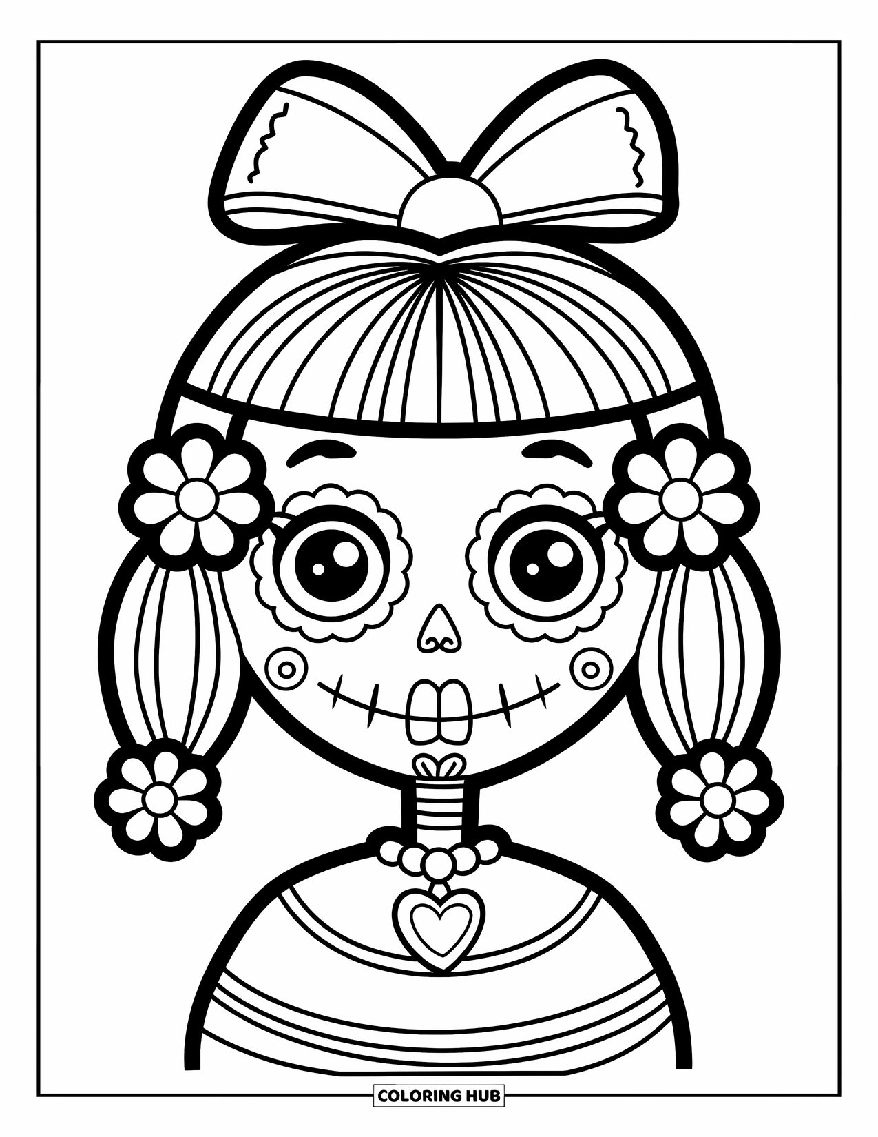 Female Sugar Skull Coloring Page for Kids: Sugar skull girl with pigtails, heart necklace, and a big smile