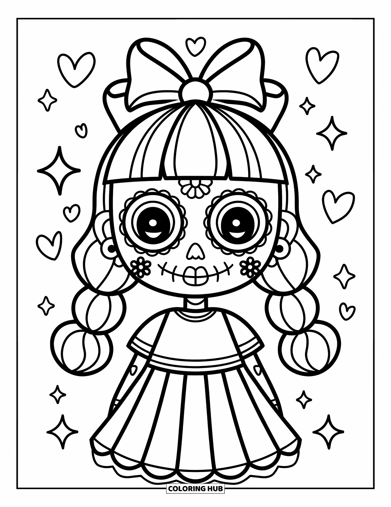 Female Sugar Skull Coloring Page for Kids: Sugar skull girl with pigtails, pink dress, and happy face