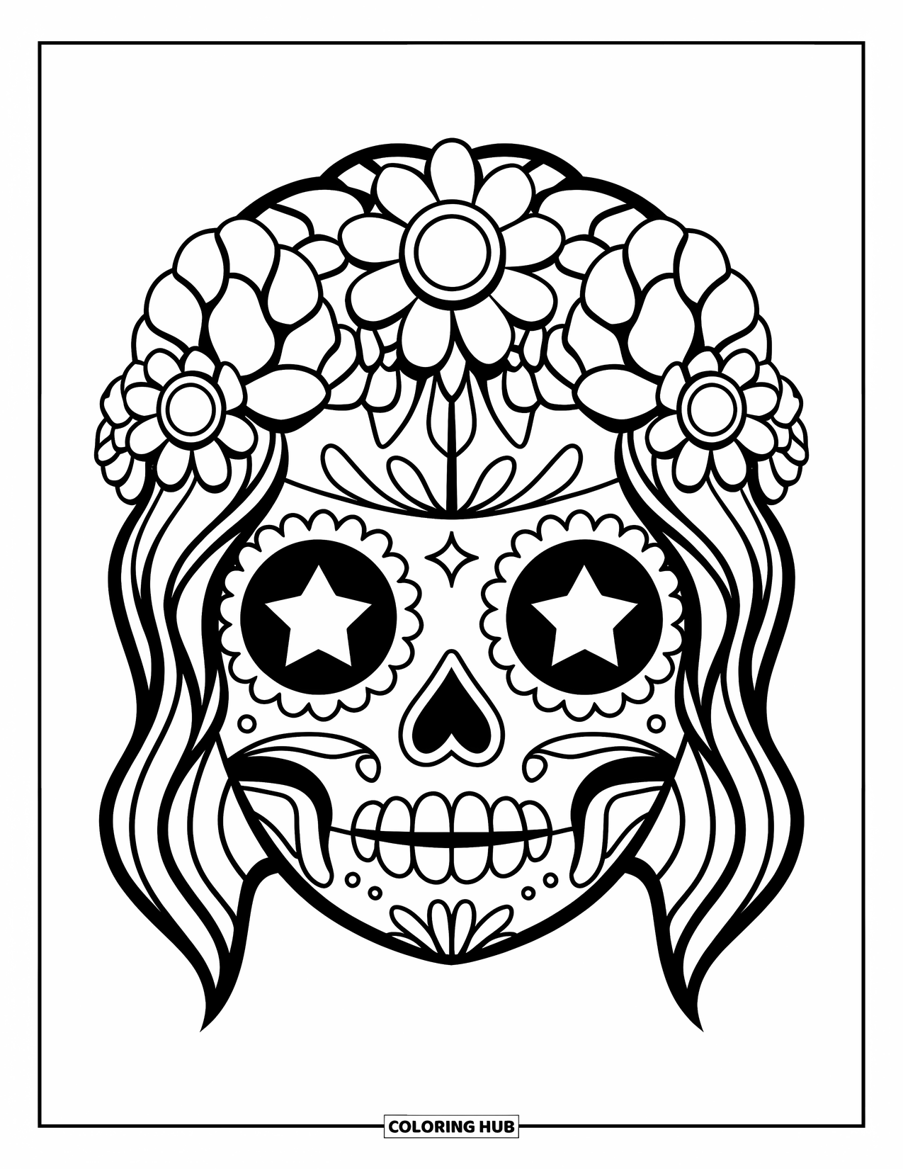 Female Sugar Skull Coloring Page for Kids: Sugar skull with flower accents and sparkly stars in her eye sockets