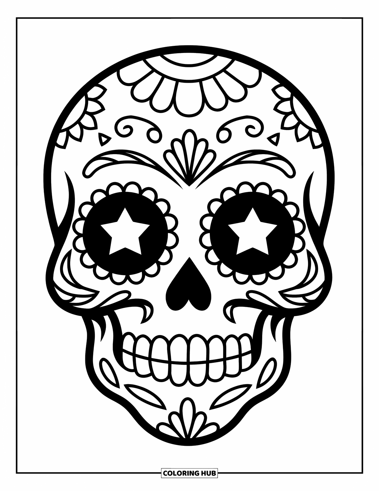 Female Sugar Skull Coloring Page for Kids: Wide-eyed sugar skull with stars in eyes and a big toothy grin
