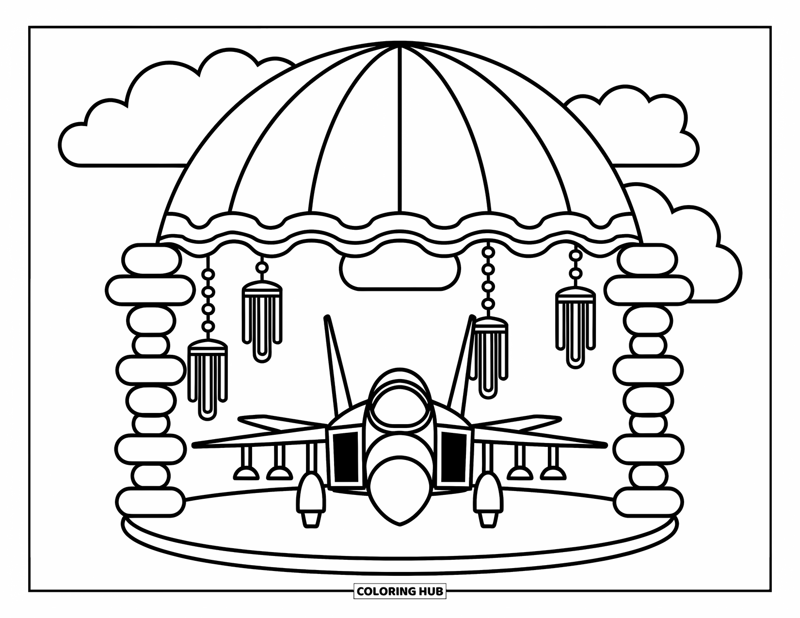 Fighter Jet Coloring Page for Adults: A cozy jet sits still beneath a dreamy cloud-covered dome with soft hanging charms