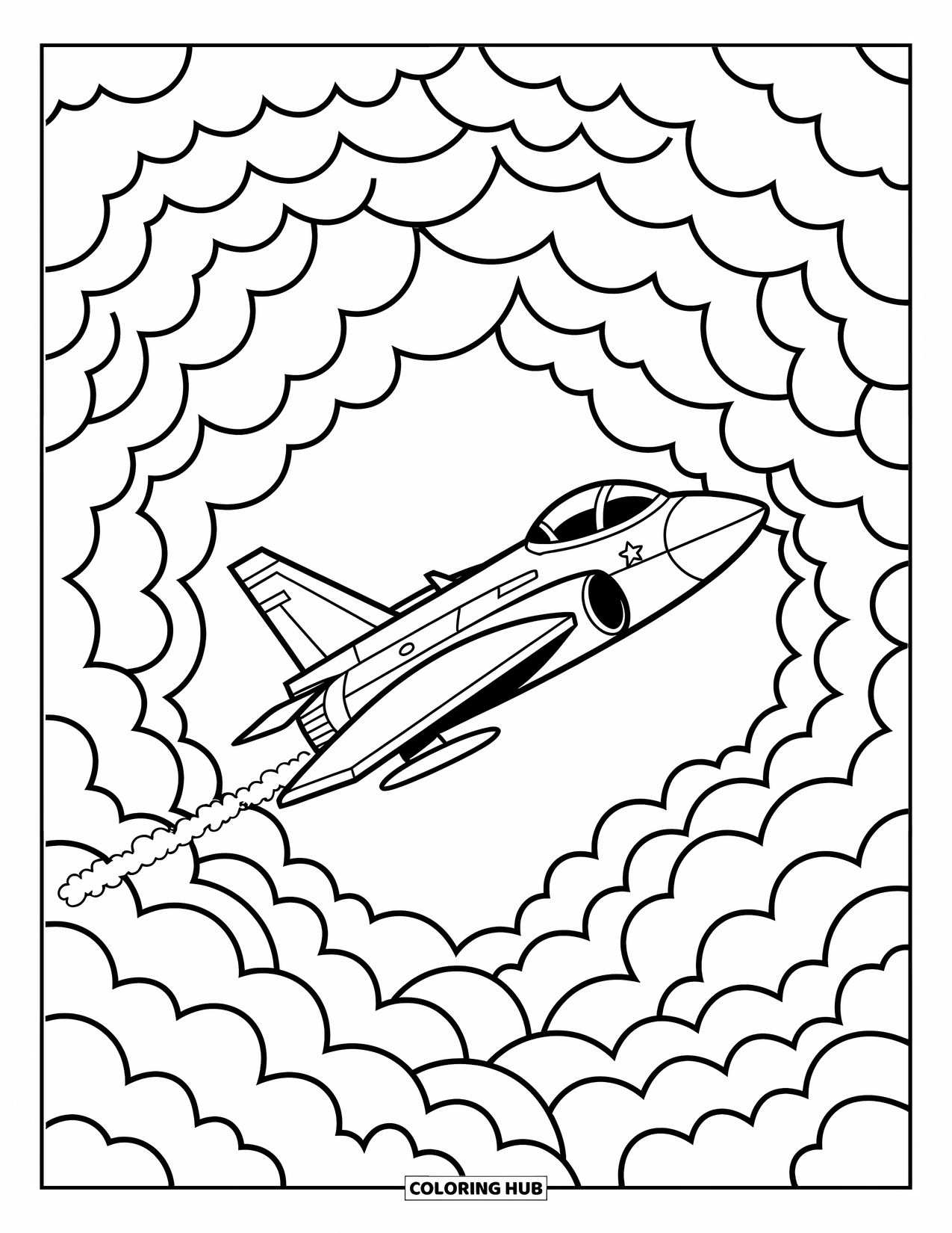Fighter Jet Coloring Page for Adults: A cute jet follows a cloud tunnel dotted with playful patterns and soft edges