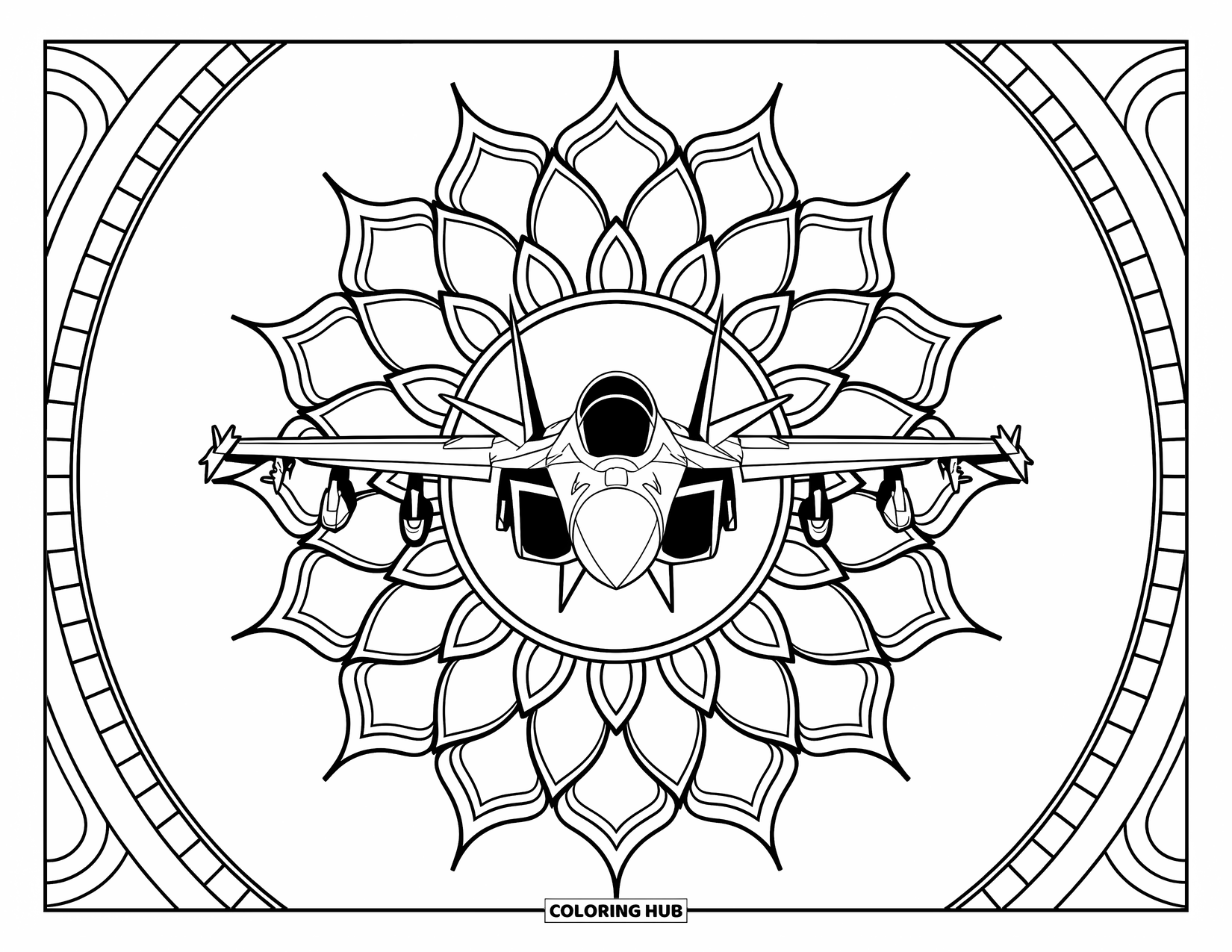 Fighter Jet Coloring Page for Adults: A fighter jet flies through a petal-shaped mandala with relaxing patterns
