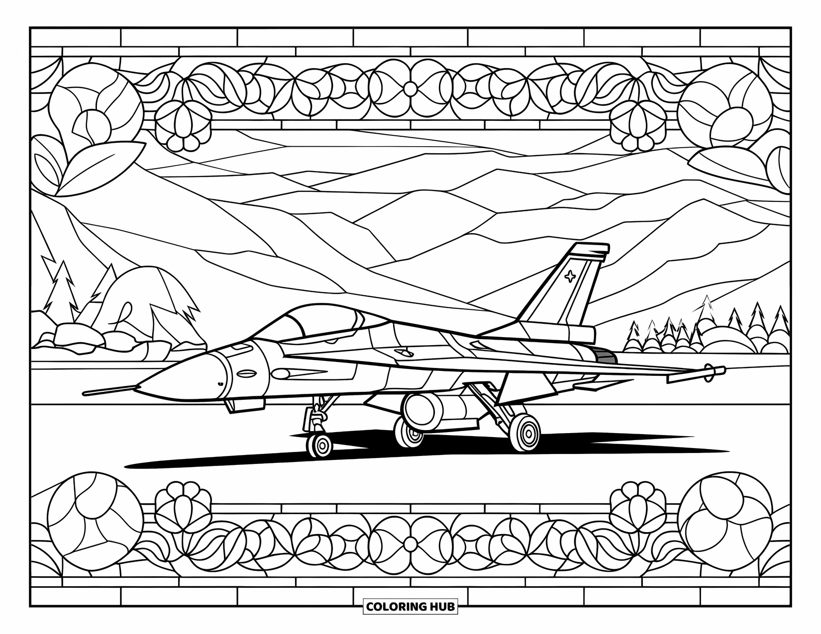 Fighter Jet Coloring Page for Adults: A fighter jet rests in a stained glass frame with flowers and a peaceful landscape