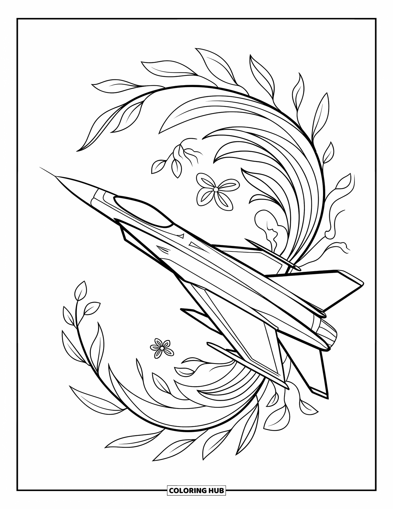 Fighter Jet Coloring Page for Adults: A jet cuts through the air with botanical swirls surrounding its sharp outline