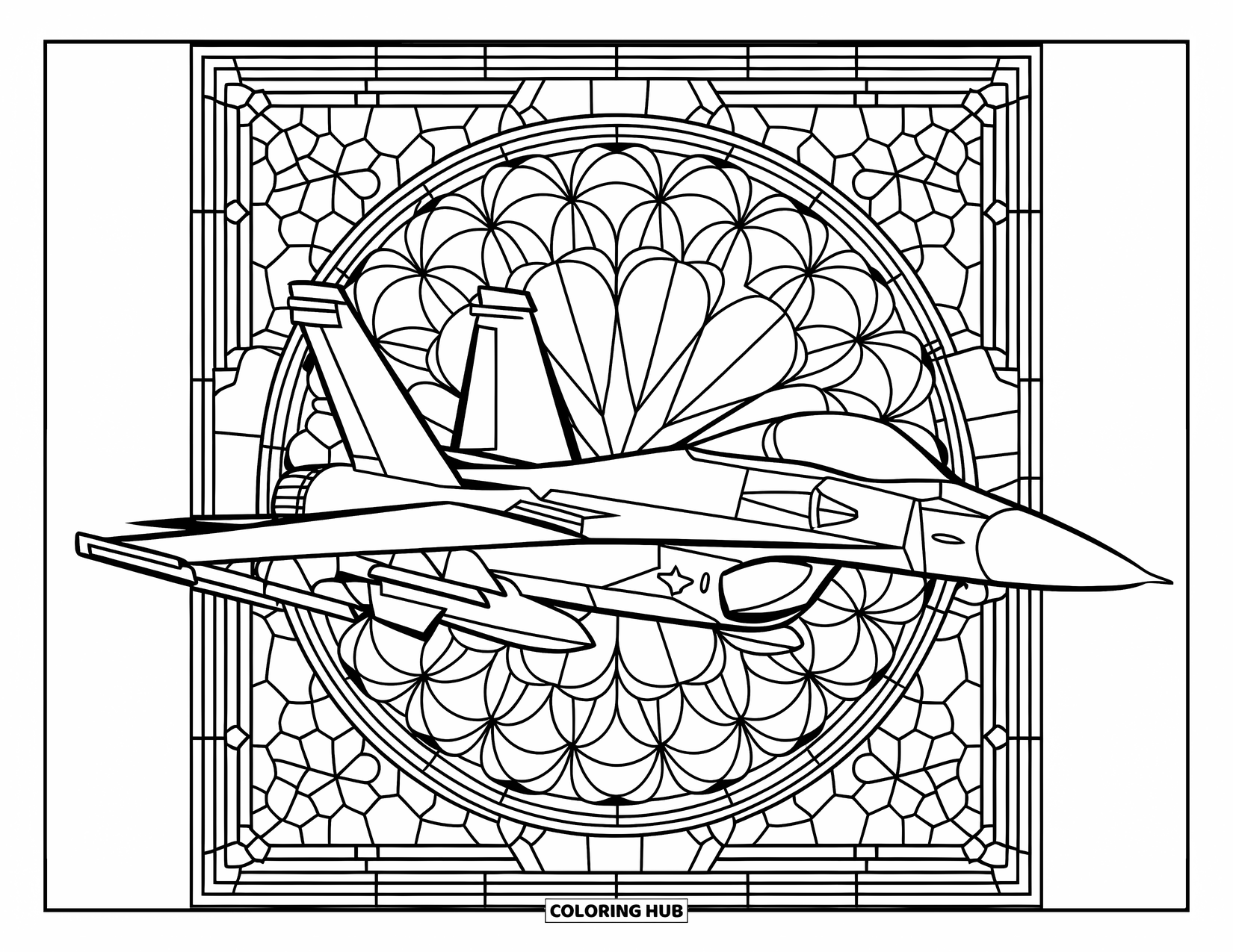 Fighter Jet Coloring Page for Adults: A jet is centered in floral stained glass grids with a clean, white backdrop