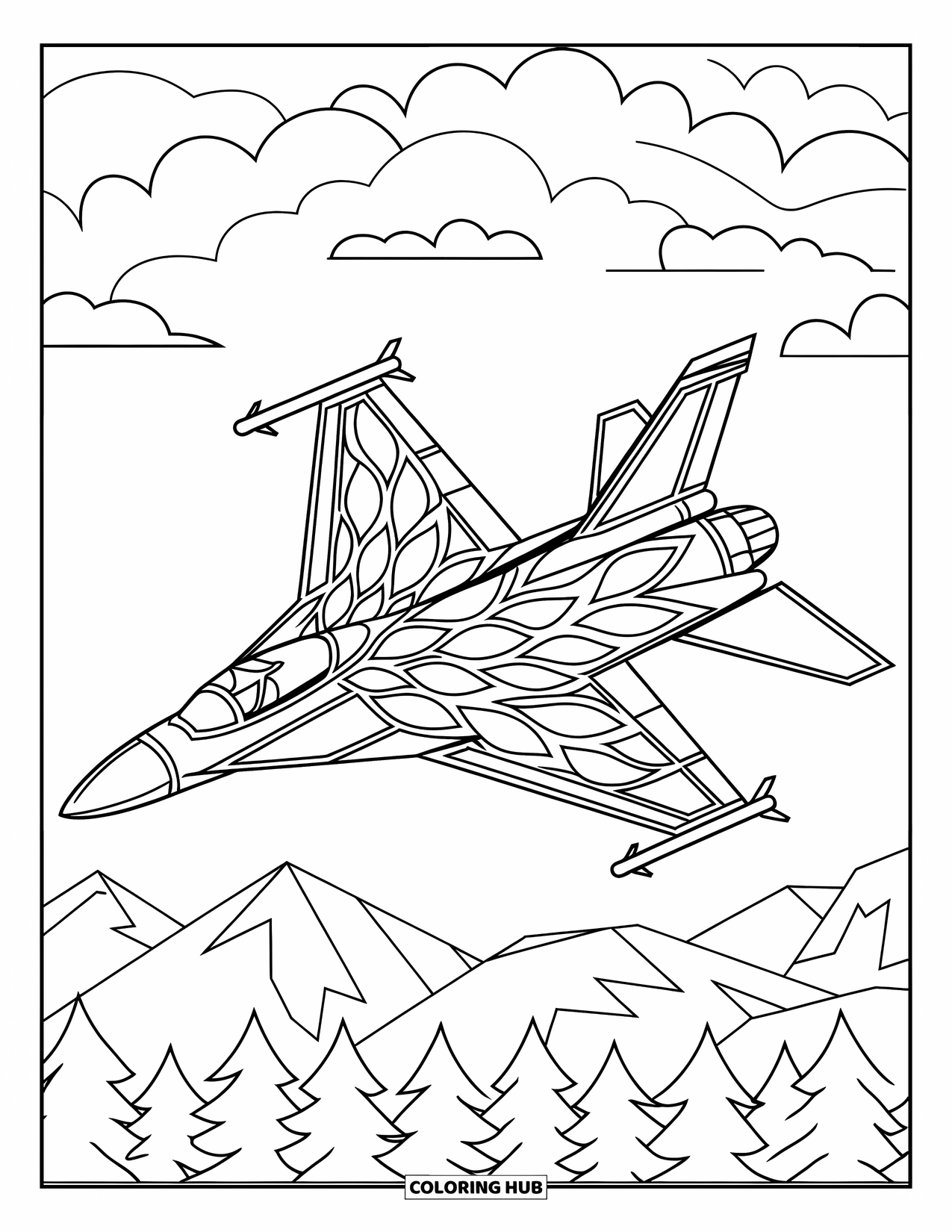 Fighter Jet Coloring Page for Adults: A jet silhouette is filled with stained glass petals and outlined by soft clouds