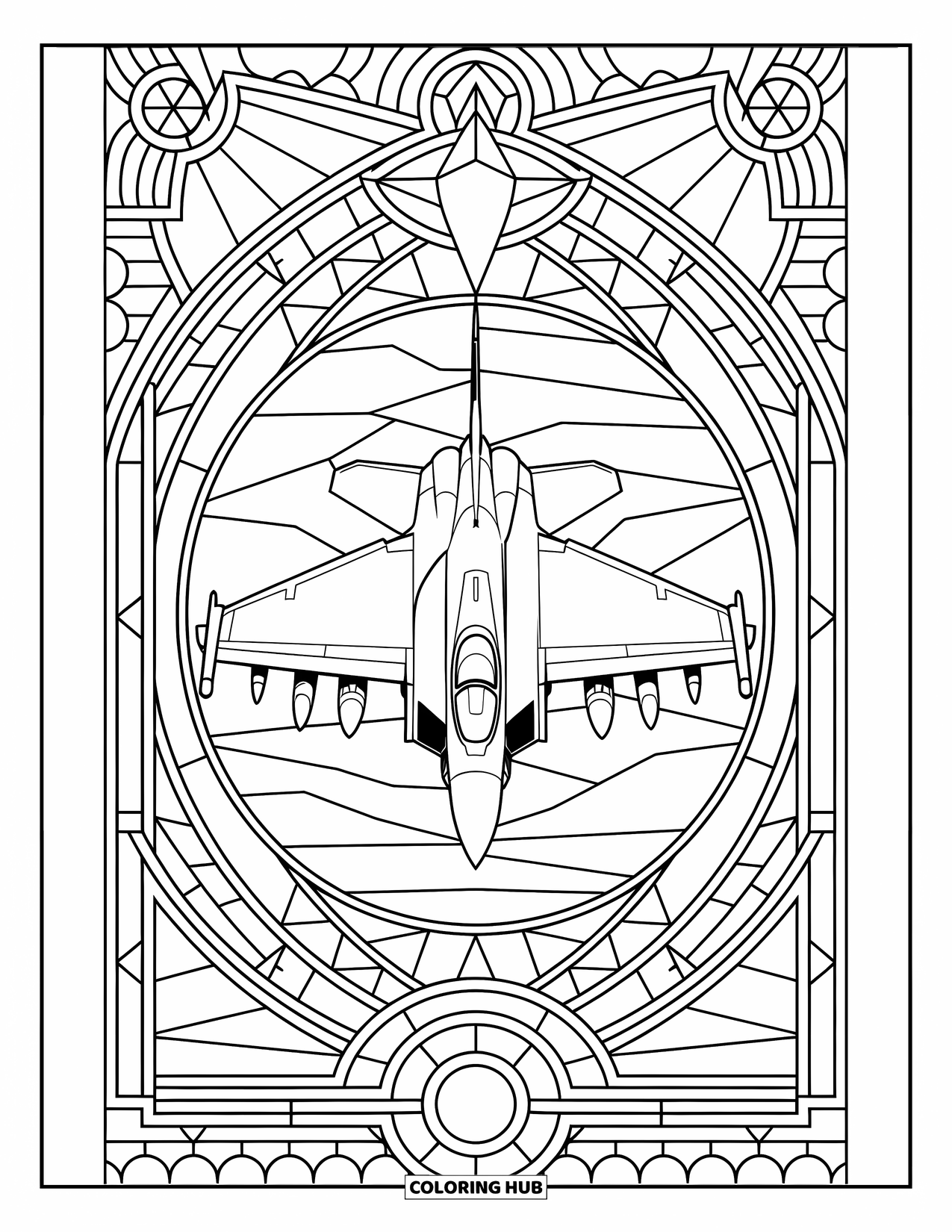 Fighter Jet Coloring Page for Adults: A jet sits in a stained glass frame of stars and geometric skies