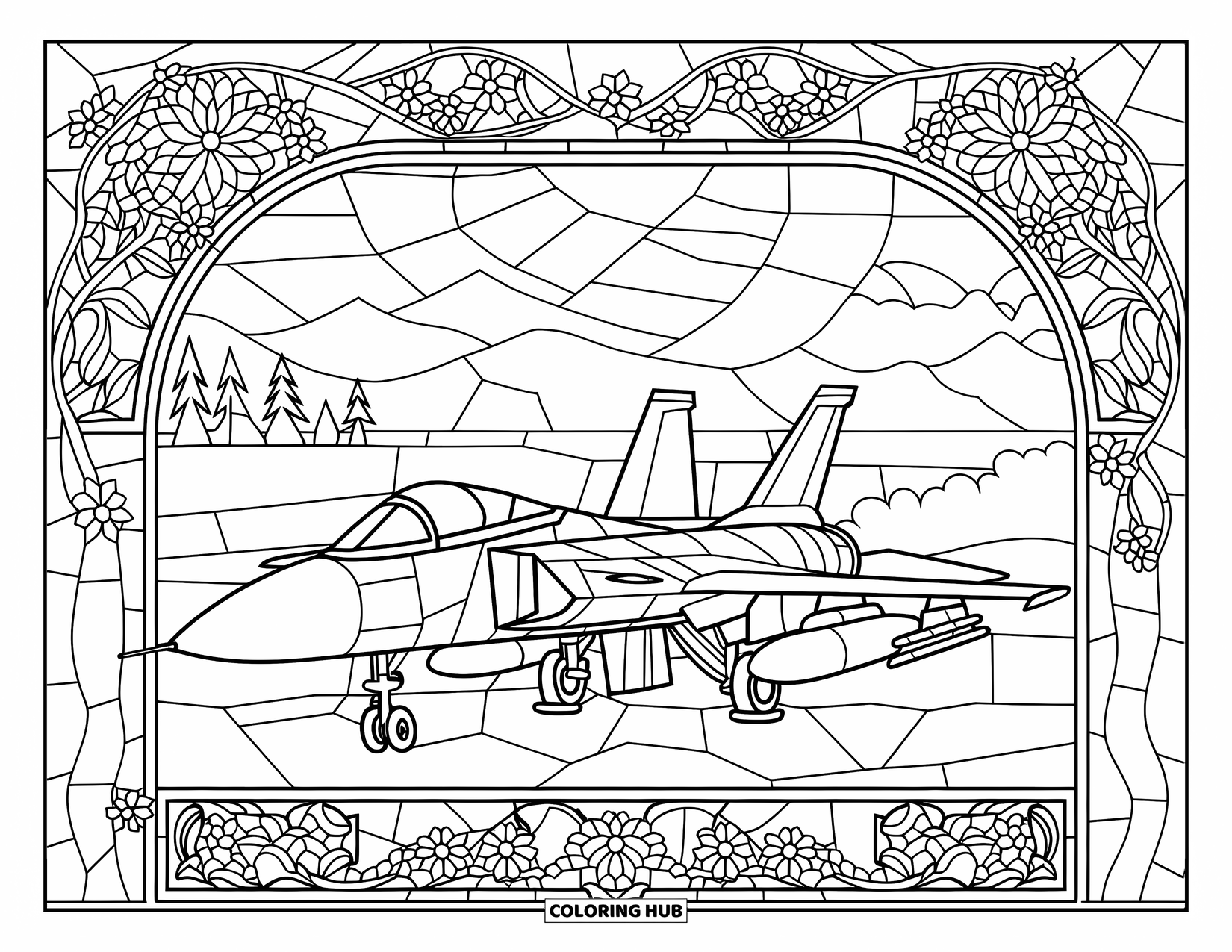 Fighter Jet Coloring Page for Adults: A parked jet sits among floral stained glass and a calm mountain view