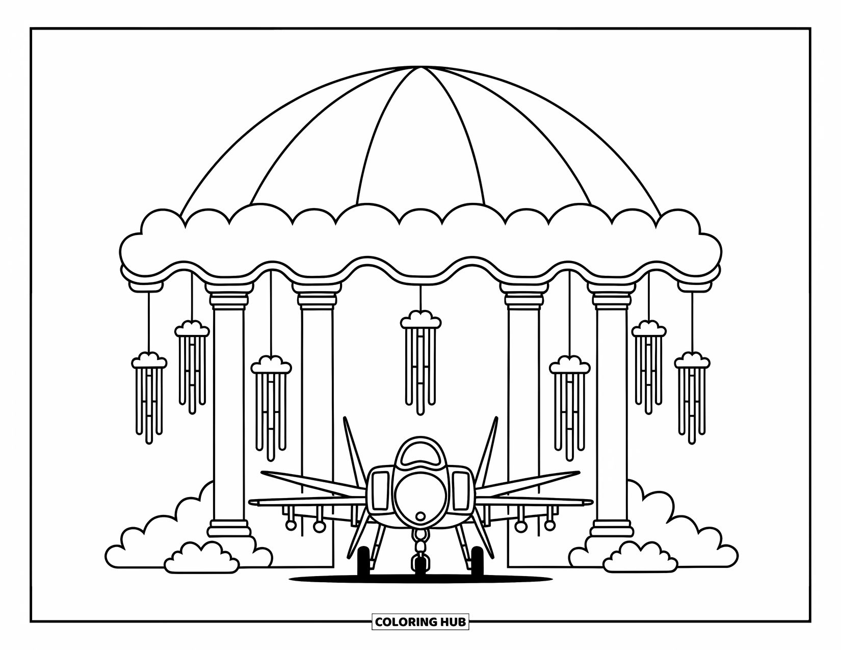 Fighter Jet Coloring Page for Adults: A peaceful jet rests under a scalloped cloud dome with wind chimes