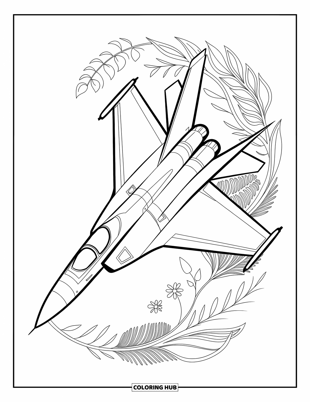 Fighter Jet Coloring Page for Adults: A side-view jet is surrounded by swirling leaves and elegant flower details