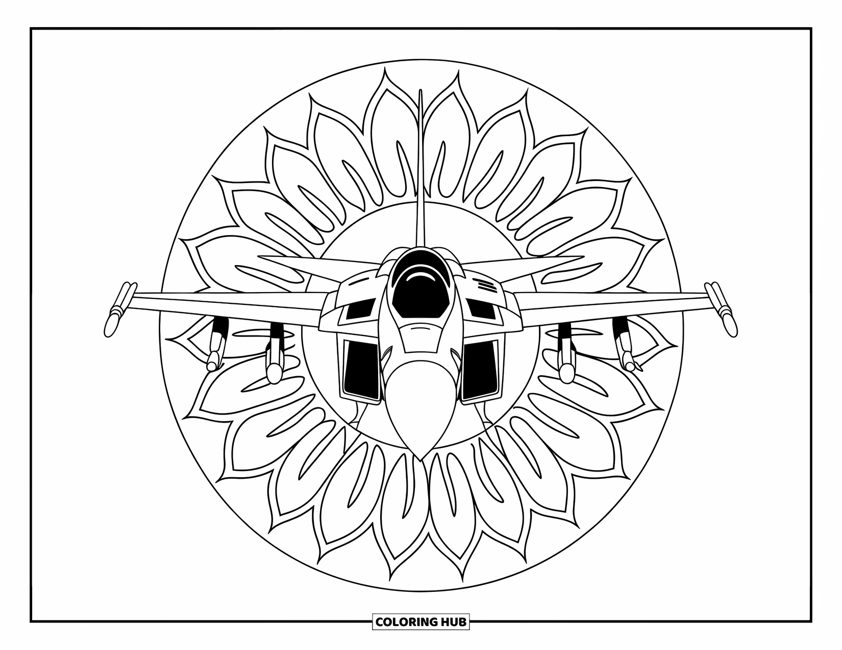 Fighter Jet Coloring Page for Adults: A sleek jet speeds forward through a mandala of radiating petals and clean outlines