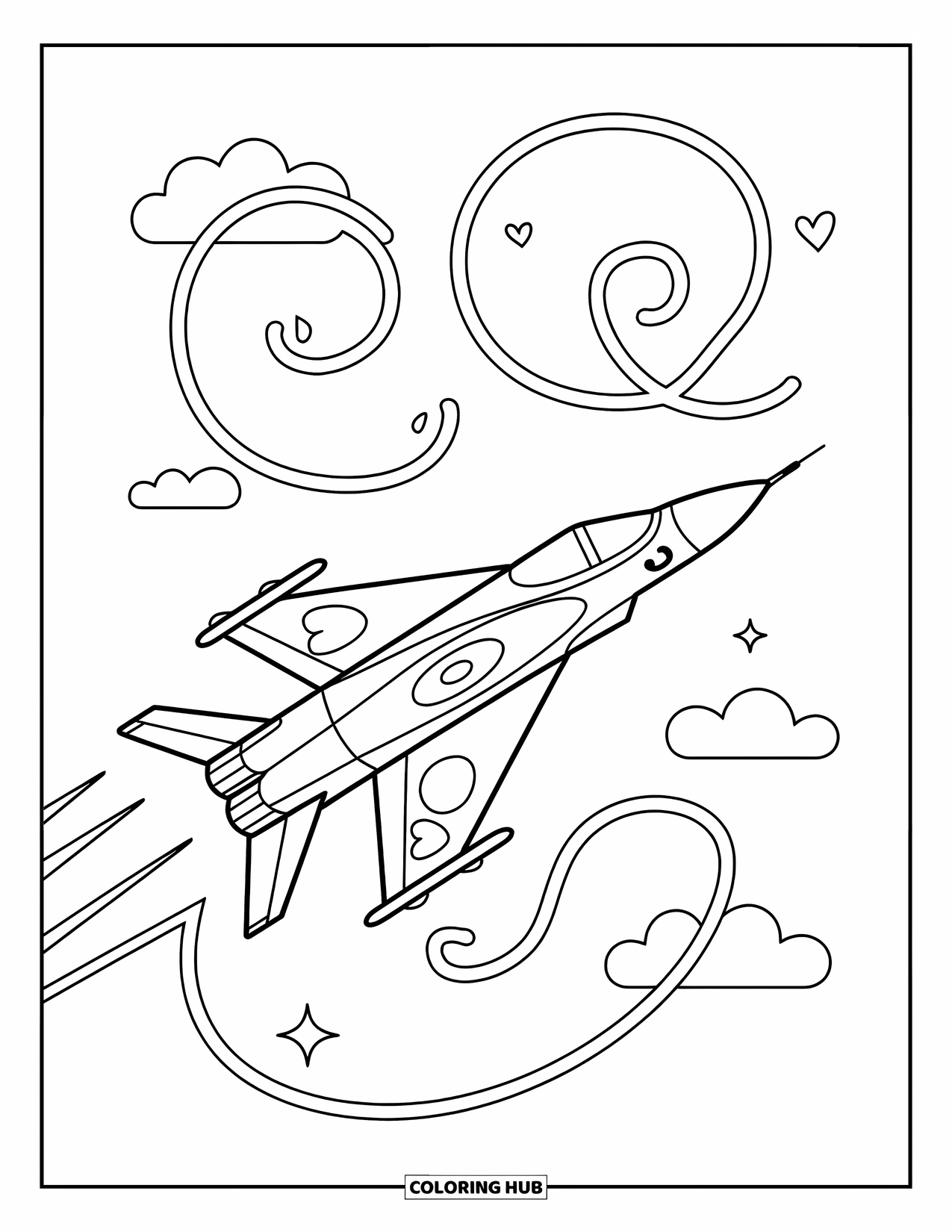 Fighter Jet Coloring Page for Adults: A smiling jet traces loops and hearts across a calm sky