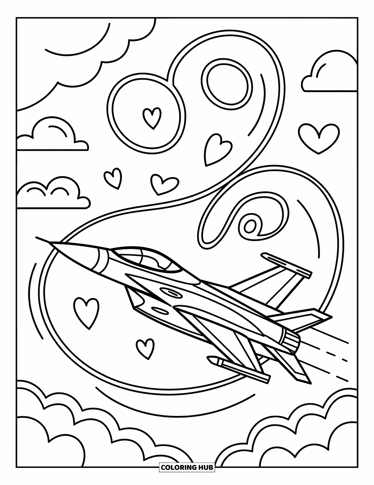 Fighter Jet Coloring Page for Adults: A spinning jet dances through puffy clouds, forming playful swirls and zigzags